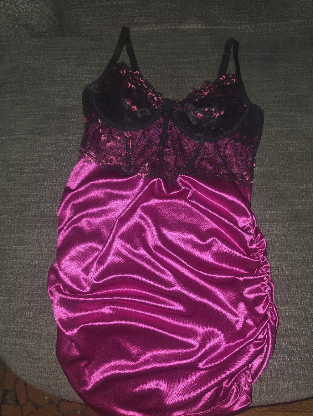 Magenta Satin & Black Lace Chemise Nightdress